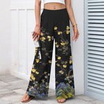 Buddha Stones Cotton Linen Vintage Yellow Floral Pattern Women's Elastic Waist Wide Leg Pants With Pockets