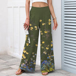 Buddha Stones Cotton Linen Vintage Yellow Floral Pattern Women's Elastic Waist Wide Leg Pants With Pockets