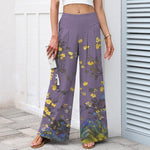 Buddha Stones Cotton Linen Vintage Yellow Floral Pattern Women's Elastic Waist Wide Leg Pants With Pockets
