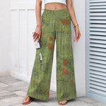 Buddha Stones Cotton Linen Vintage Script Pattern Women's Elastic Waist Wide Leg Pants With Pockets