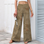 Buddha Stones Cotton Linen Vintage Script Pattern Women's Elastic Waist Wide Leg Pants With Pockets