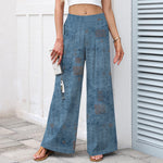 Buddha Stones Cotton Linen Vintage Script Pattern Women's Elastic Waist Wide Leg Pants With Pockets