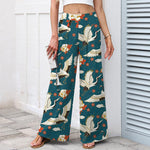 Buddha Stones Cotton Linen Crane Blossom Pattern Women's Elastic Waist Wide Leg Pants With Pockets