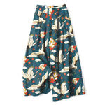 Buddha Stones Cotton Linen Crane Blossom Pattern Women's Elastic Waist Wide Leg Pants With Pockets