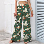 Buddha Stones Cotton Linen Crane Blossom Pattern Women's Elastic Waist Wide Leg Pants With Pockets