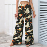 Buddha Stones Cotton Linen Crane Blossom Pattern Women's Elastic Waist Wide Leg Pants With Pockets