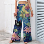 Buddha Stones Cotton Linen Celestial Floral Cat Lotus Pattern Women's Elastic Waist Wide Leg Pants With Pockets