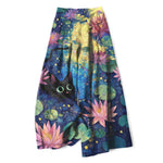 Buddha Stones Cotton Linen Celestial Floral Cat Lotus Pattern Women's Elastic Waist Wide Leg Pants With Pockets
