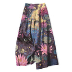 Buddha Stones Cotton Linen Celestial Floral Cat Lotus Pattern Women's Elastic Waist Wide Leg Pants With Pockets