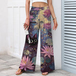 Buddha Stones Cotton Linen Celestial Floral Cat Lotus Pattern Women's Elastic Waist Wide Leg Pants With Pockets