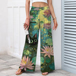 Buddha Stones Cotton Linen Celestial Floral Cat Lotus Pattern Women's Elastic Waist Wide Leg Pants With Pockets