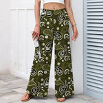 Buddha Stones Cotton Linen Vintage Paisley Floral Pattern Women's Elastic Waist Wide Leg Pants With Pockets
