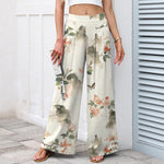 Buddha Stones Cotton Linen Vintage Floral Pattern Women's Elastic Waist Wide Leg Pants With Pockets