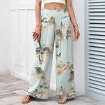 Buddha Stones Cotton Linen Vintage Floral Pattern Women's Elastic Waist Wide Leg Pants With Pockets