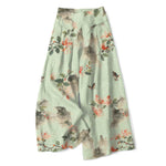 Buddha Stones Cotton Linen Vintage Floral Pattern Women's Elastic Waist Wide Leg Pants With Pockets