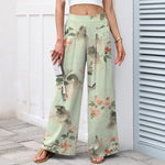 Buddha Stones Cotton Linen Vintage Floral Pattern Women's Elastic Waist Wide Leg Pants With Pockets