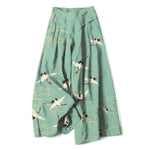 Buddha Stones Cotton Linen Vintage Crane Cloud Pattern Women's Elastic Waist Wide Leg Pants With Pockets