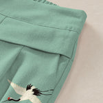 Buddha Stones Cotton Linen Vintage Crane Cloud Pattern Women's Elastic Waist Wide Leg Pants With Pockets