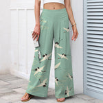 Buddha Stones Cotton Linen Vintage Crane Cloud Pattern Women's Elastic Waist Wide Leg Pants With Pockets