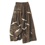 Buddha Stones Cotton Linen Vintage Crane Cloud Pattern Women's Elastic Waist Wide Leg Pants With Pockets