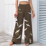 Buddha Stones Cotton Linen Vintage Crane Cloud Pattern Women's Elastic Waist Wide Leg Pants With Pockets
