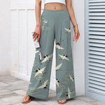 Buddha Stones Cotton Linen Vintage Crane Cloud Pattern Women's Elastic Waist Wide Leg Pants With Pockets