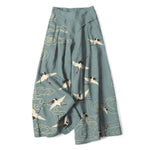 Buddha Stones Cotton Linen Vintage Crane Cloud Pattern Women's Elastic Waist Wide Leg Pants With Pockets