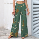 Buddha Stones Cotton Linen White Crane Floral Pattern Women's Elastic Waist Wide Leg Pants With Pockets