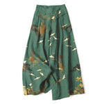 Buddha Stones Cotton Linen White Crane Floral Pattern Women's Elastic Waist Wide Leg Pants With Pockets