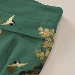 Buddha Stones Cotton Linen White Crane Floral Pattern Women's Elastic Waist Wide Leg Pants With Pockets