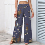 Buddha Stones Cotton Linen White Crane Floral Pattern Women's Elastic Waist Wide Leg Pants With Pockets