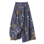 Buddha Stones Cotton Linen White Crane Floral Pattern Women's Elastic Waist Wide Leg Pants With Pockets