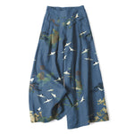 Buddha Stones Cotton Linen White Crane Floral Pattern Women's Elastic Waist Wide Leg Pants With Pockets