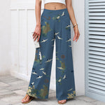 Buddha Stones Cotton Linen White Crane Floral Pattern Women's Elastic Waist Wide Leg Pants With Pockets