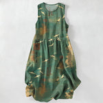 Buddha Stones Summer Casual Oriental Flying Crane Calligraphy Pattern Women's Summer Sleeveless Midi Dress With Pockets