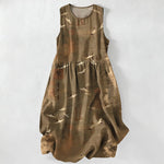 Buddha Stones Summer Casual Oriental Flying Crane Calligraphy Pattern Women's Summer Sleeveless Midi Dress With Pockets