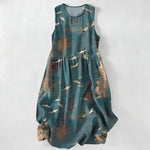 Buddha Stones Summer Casual Oriental Flying Crane Calligraphy Pattern Women's Summer Sleeveless Midi Dress With Pockets