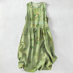 Buddha Stones Summer Casual Pink Floral Leaves Pattern Women's Summer Sleeveless Midi Dress With Pockets