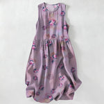Buddha Stones Summer Casual Pink Floral Leaves Pattern Women's Summer Sleeveless Midi Dress With Pockets