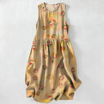 Buddha Stones Summer Casual Pink Floral Leaves Pattern Women's Summer Sleeveless Midi Dress With Pockets