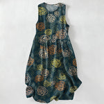 Buddha Stones Summer Casual Colorful Floral Sketch Pattern Women's Summer Sleeveless Midi Dress With Pockets