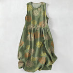 Buddha Stones Summer Casual Colorful Floral Sketch Pattern Women's Summer Sleeveless Midi Dress With Pockets
