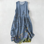 Buddha Stones Summer Casual Vintage Floral Branches Pattern Women's Summer Sleeveless Midi Dress With Pockets