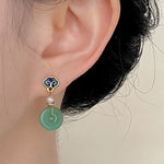 Buddha Stones Green Liuli Round Peace Buckle Fortune Dangle Earrings