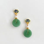 Buddha Stones Green Liuli Round Peace Buckle Fortune Dangle Earrings