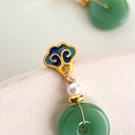 Buddha Stones Green Liuli Round Peace Buckle Fortune Dangle Earrings