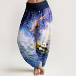 Buddha Stones Pure Cotton Starry Lotus Panda Pattern Women's Elastic Waist Harem Pants