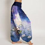 Buddha Stones Pure Cotton Starry Lotus Panda Pattern Women's Elastic Waist Harem Pants