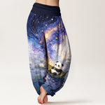 Buddha Stones Pure Cotton Starry Lotus Panda Pattern Women's Elastic Waist Harem Pants