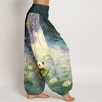 Buddha Stones Pure Cotton Starry Lotus Panda Pattern Women's Elastic Waist Harem Pants